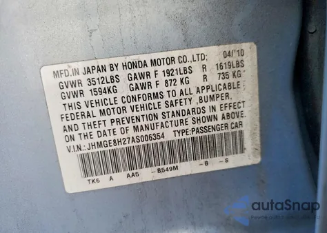 2010 Honda Fit from USA, damaged, VIN JHMGE8H27AS006354